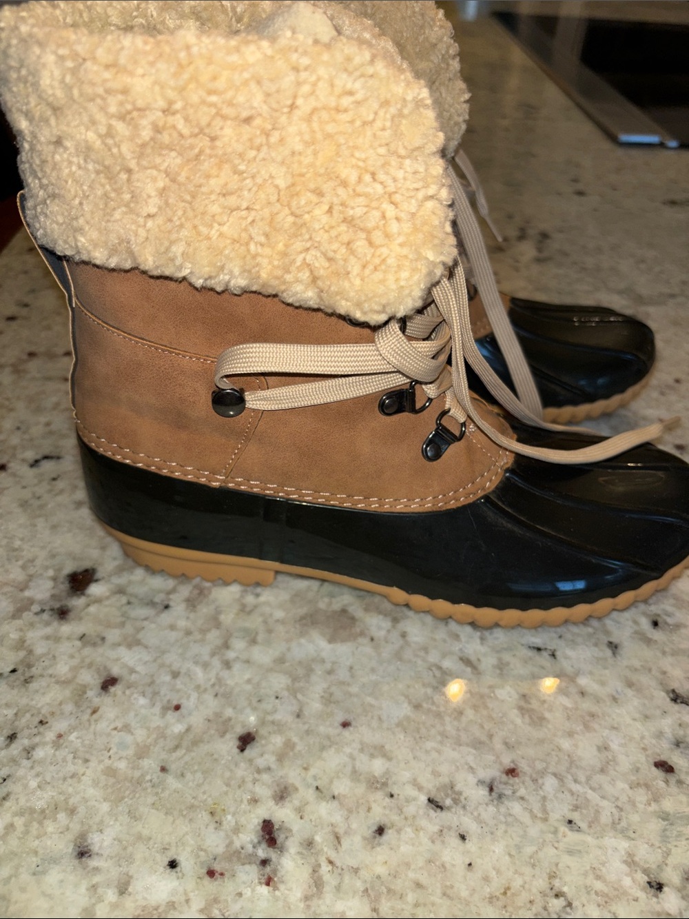 Dolce Vita Tan and Black Faux-Shearling Duck Boots